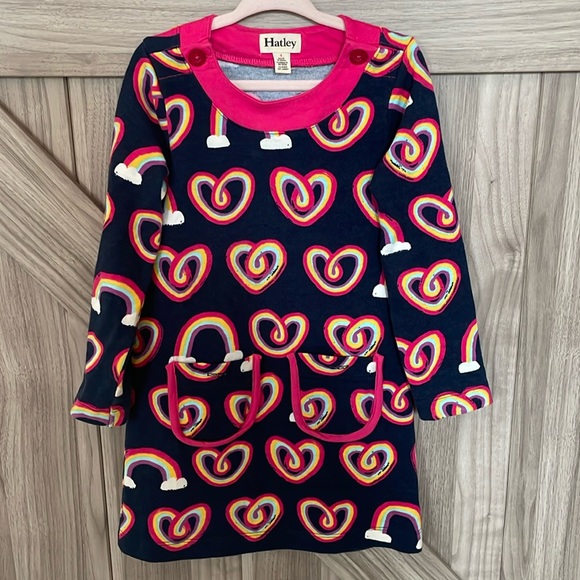 Hatley toddler girl size 4 long sleeve navy and rainbow dress with pockets. - Picture 2 of 6